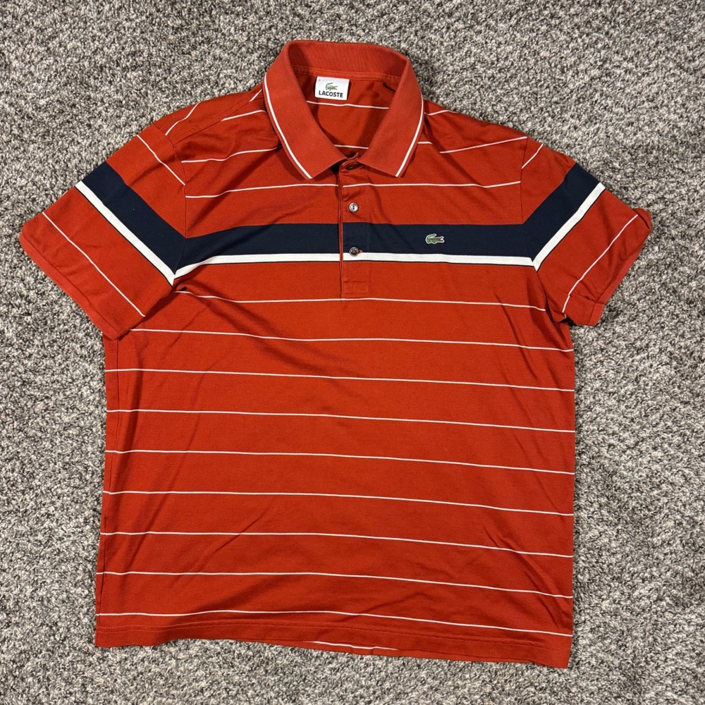 Lacoste Mens Size 6 XL Polo Shirt Orange Navy Blue Striped Pique Short Sleeve